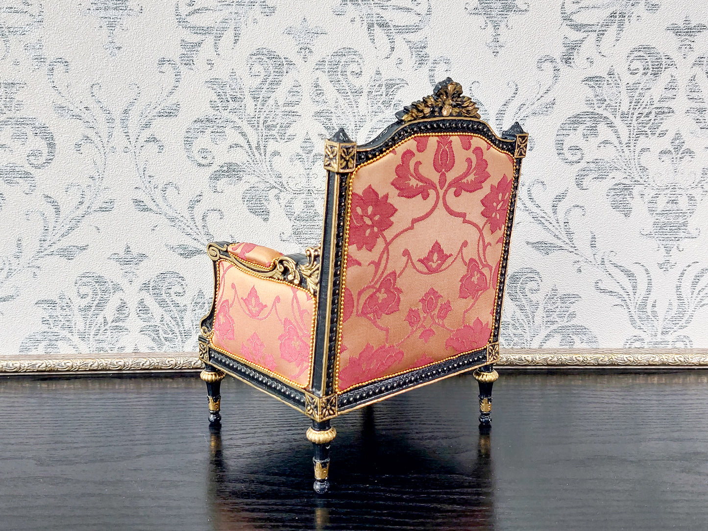 Classical sofa and armchair for dolls, Louis XVI style, black & gold red