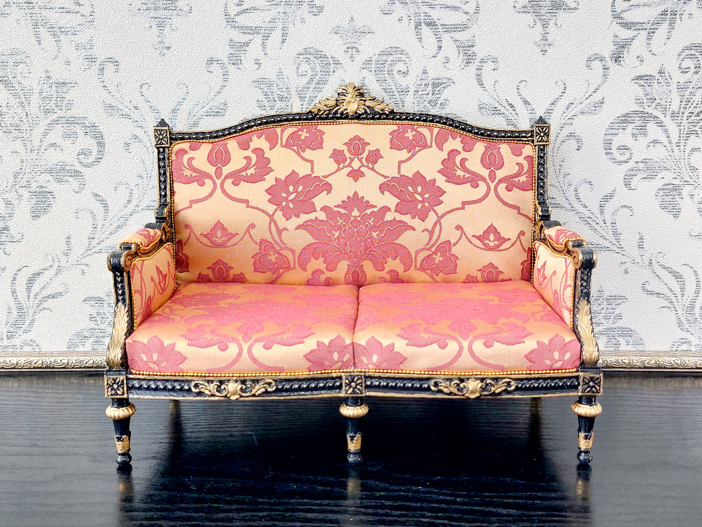 Classical sofa and armchair for dolls, Louis XVI style, black & gold red