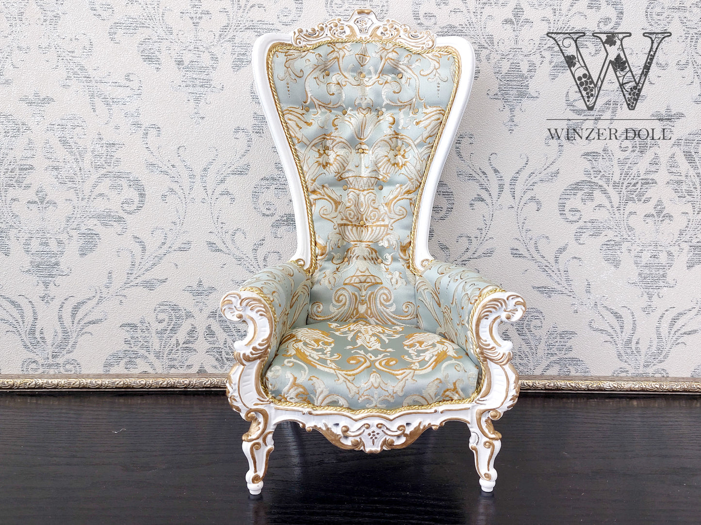 Baroque throne for dolls, white & azure