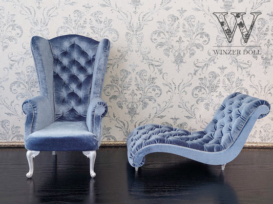 Reserved - Chaise lounge wave, Chesterfield queen, blue gray velvet