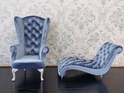 Reserved - Chaise lounge wave, Chesterfield queen, blue gray velvet