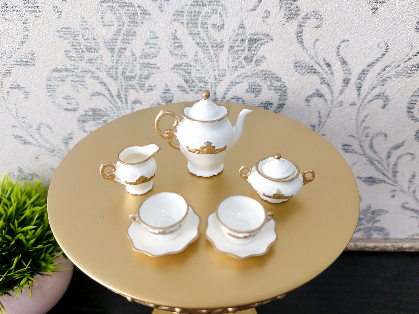 Doll tea set for two persons, white & gold