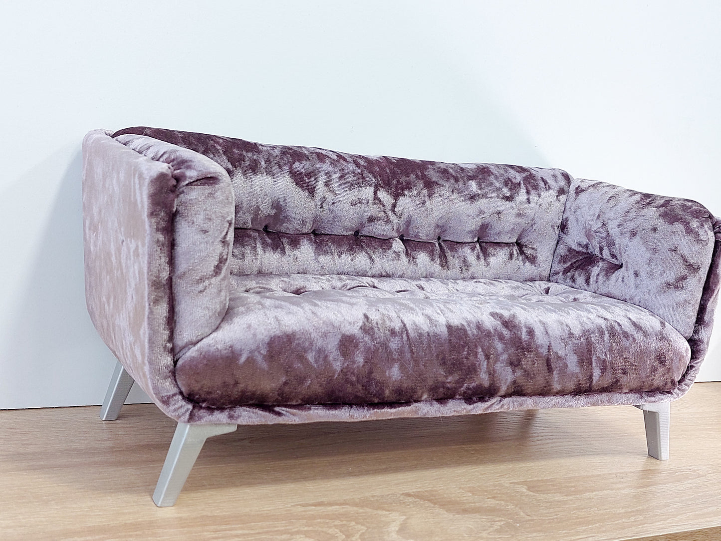 Modern sofa for dolls, mauve velvet