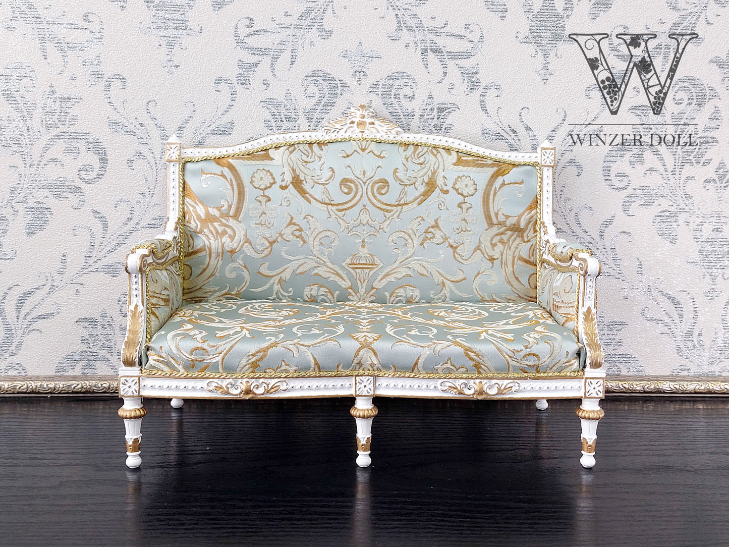 Classical sofa for dolls, Louis XVI style, white & azure