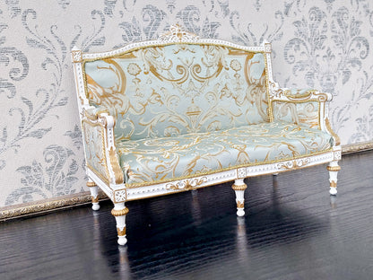 Classical sofa for dolls, Louis XVI style, white & azure