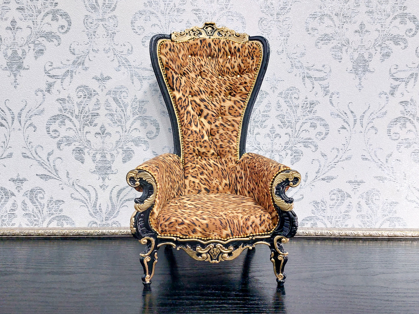 Baroque throne for dolls, black & leopard print