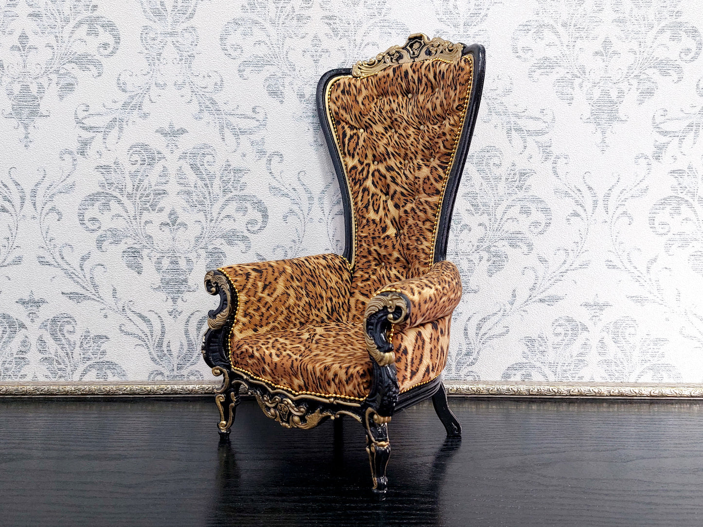 Baroque throne for dolls, black & leopard print