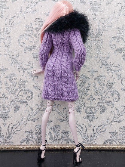 Knitted coat with a collar made of natural fur, purple