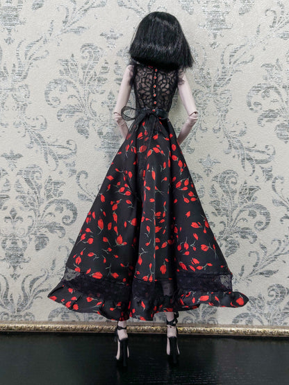 Doll dress, black with red flowers