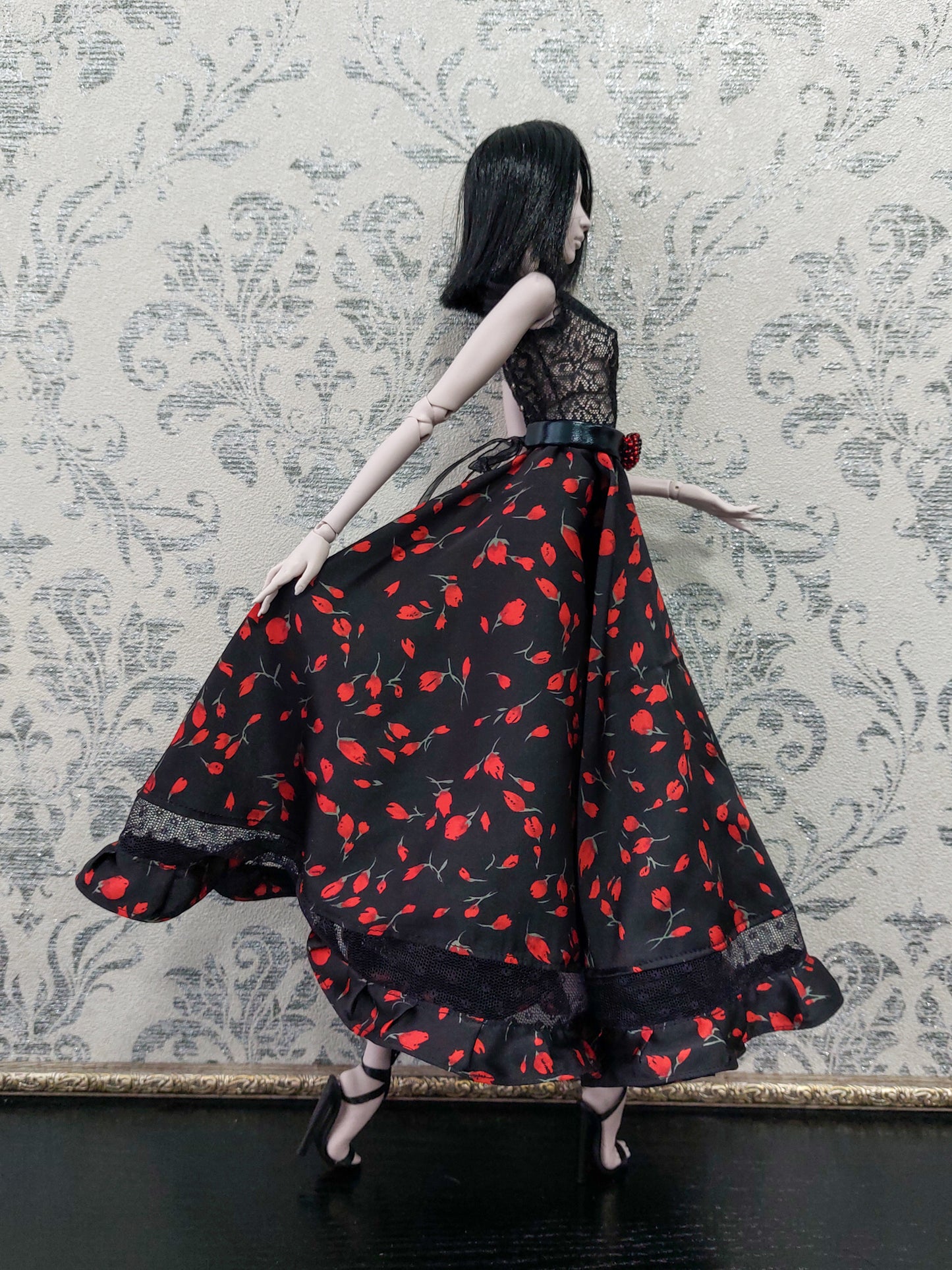 Doll dress, black with red flowers