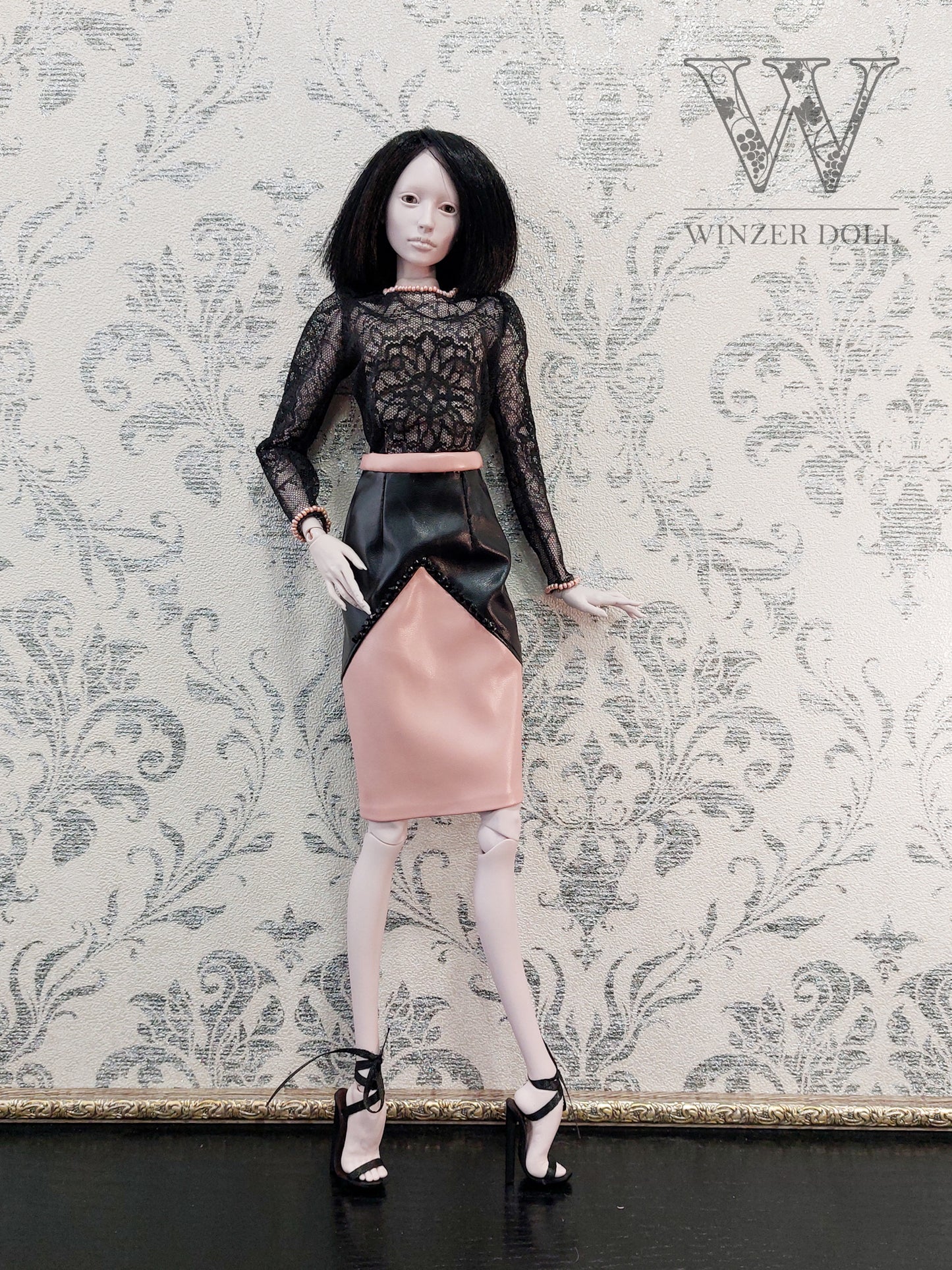 Lace blouse and PU leather skirt, black & pink
