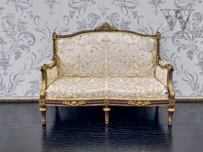 Classical sofa for dolls, Louis XVI style, brown & beige
