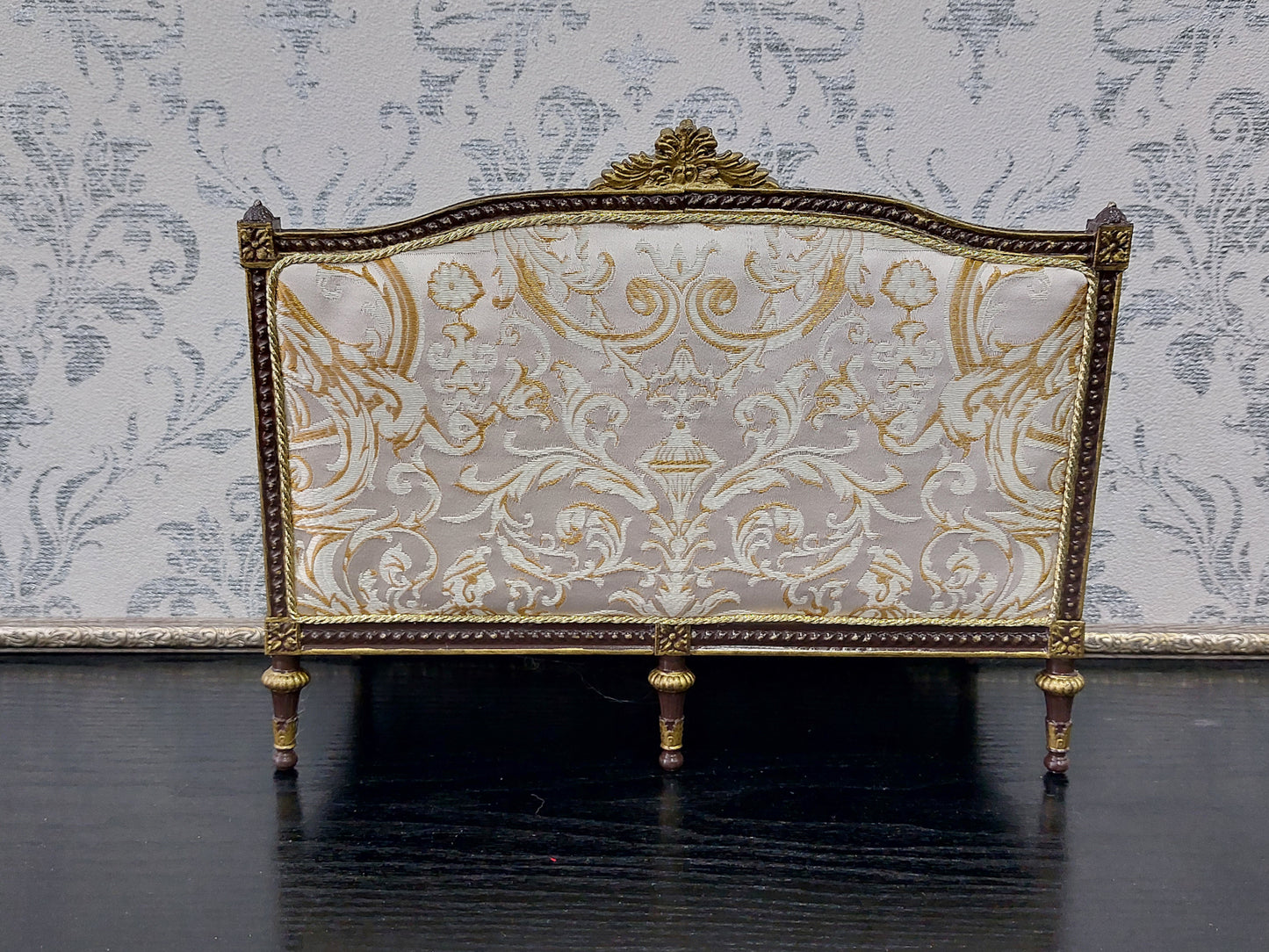 Classical sofa for dolls, Louis XVI style, brown & beige