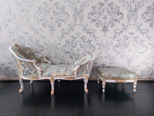 Reserved - Daybed Louis XV, ottoman, white & azure