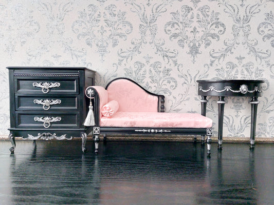 Reserved - 1/4 Dresser, console table, chaise lounge, black & silver