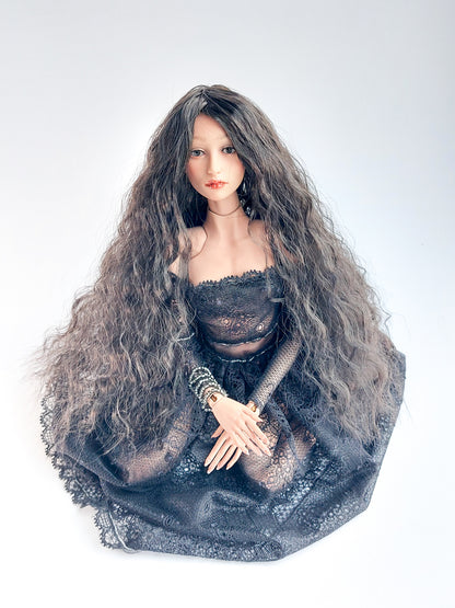 Wig long wavy, dark brown, synthetic silk