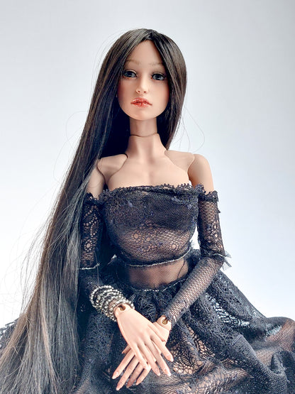Wig long, dark brown, synthetic silk
