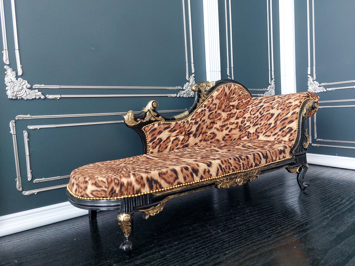Florence Carved Chaise Longue, black & leopard print