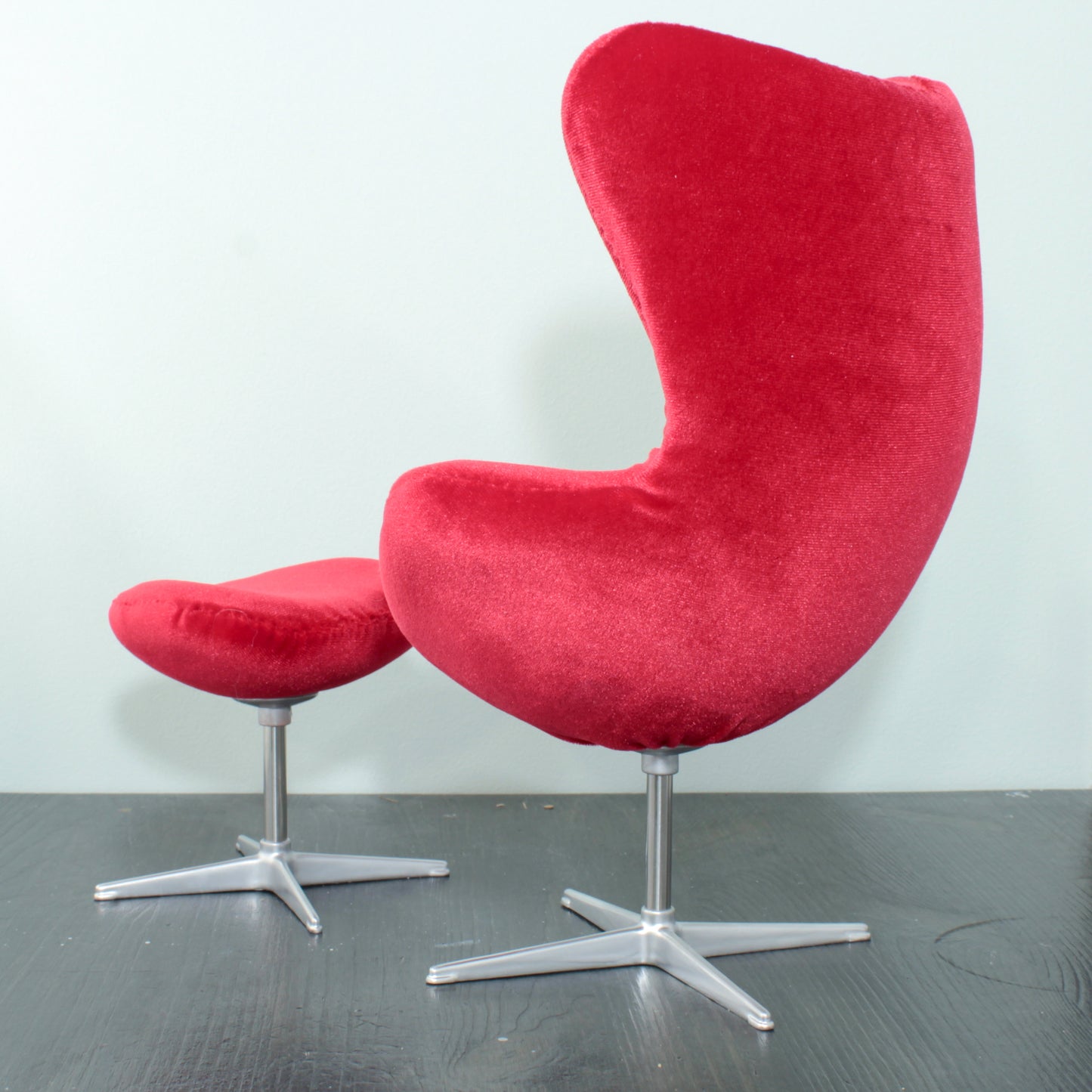 Reserved - 1/4 Egg-chair with ottoman, red velvet