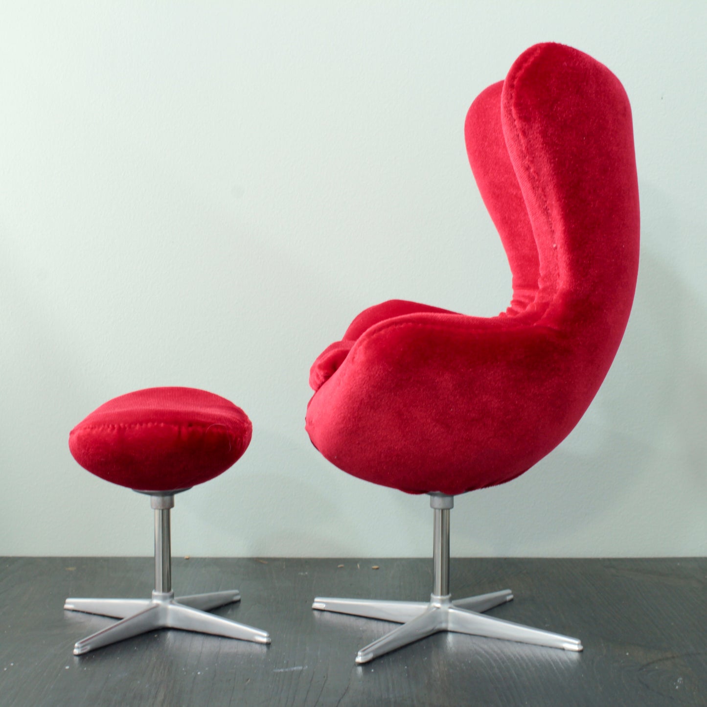 Reserved - 1/4 Egg-chair with ottoman, red velvet