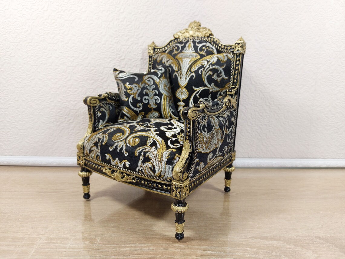 Classical armchair for dolls, Louis XVI style, black