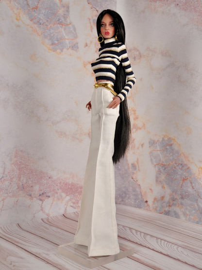 Striped top and white pants for dolls
