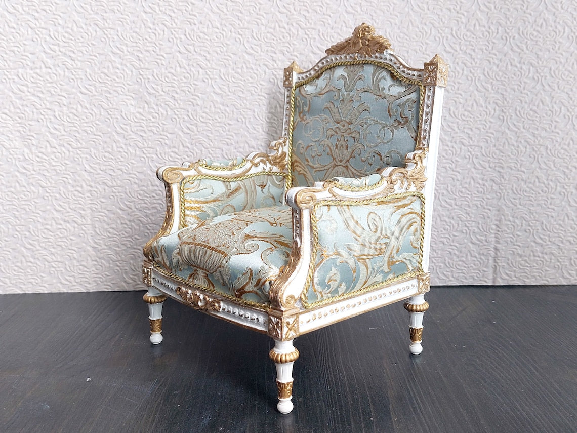 Classical armchair for dolls, Louis XVI style, white & azure
