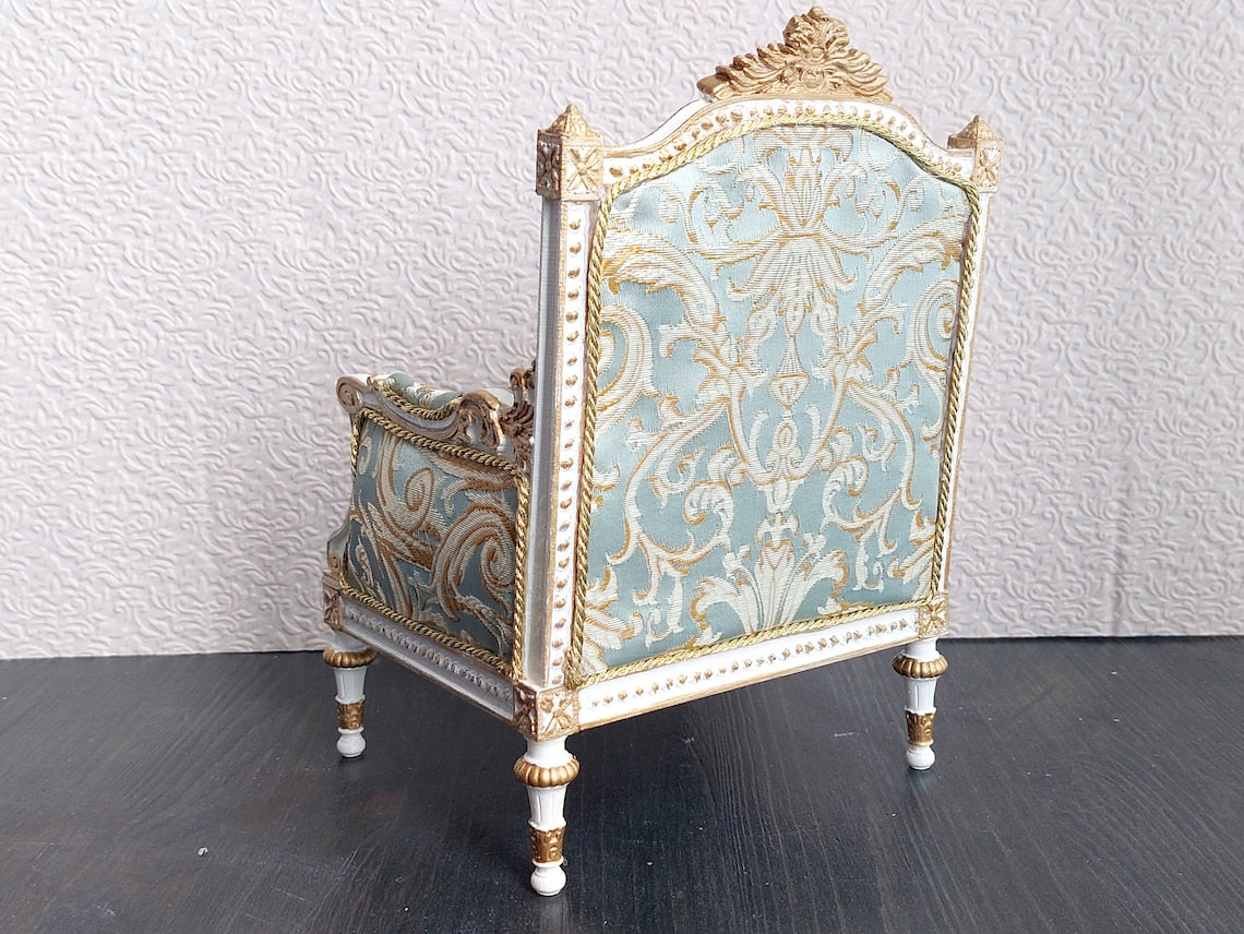 Classical armchair for dolls, Louis XVI style, white & azure