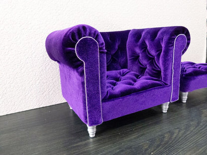 Chesterfield armchair with ottoman, purple velvet