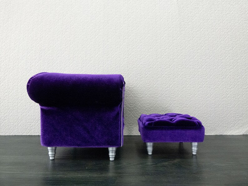 Chesterfield armchair with ottoman, purple velvet